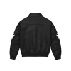 Cross Patch Leather Varsity Jacket in black - back view showing sleeve appliqué