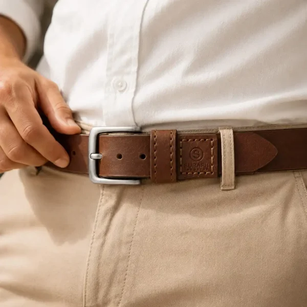 Close-up of brown leather belt wholesale buckle and embossed brand patch