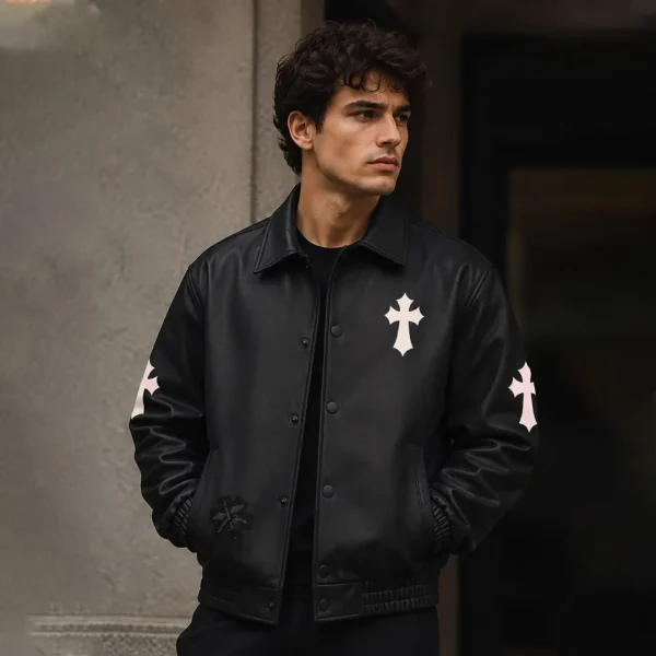 Model wearing black Cross Patch Leather Varsity Jacket - front view lifestyle shot