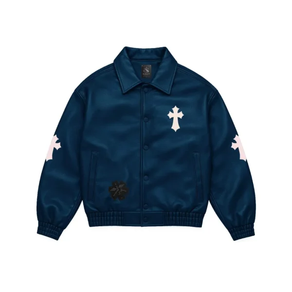 Cross Patch Leather Varsity Jacket in navy blue - front view