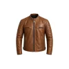Front view of cognac diamond quilted leather cafe racer jacket
