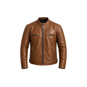 Front view of cognac diamond quilted leather cafe racer jacket