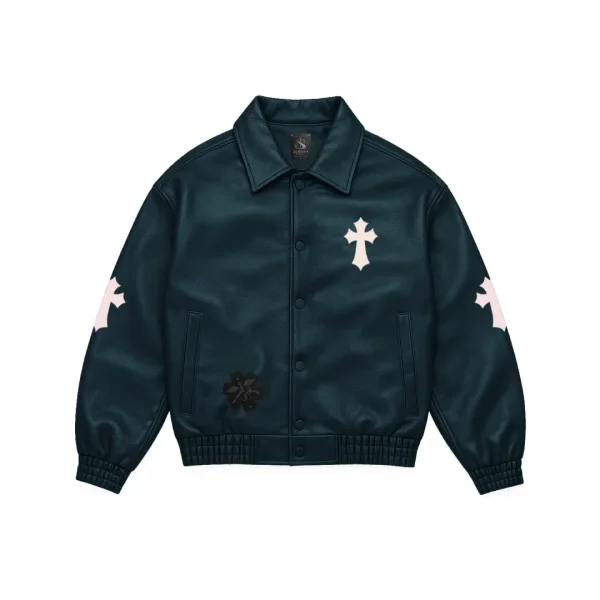 Cross Patch Leather Varsity Jacket in teal - front view