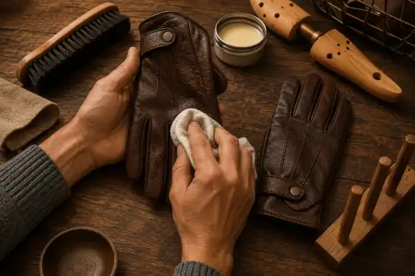 Hands conditioning a brown leather glove with cloth, surrounded by shoe brushes, glove stretchers, and leather balm
