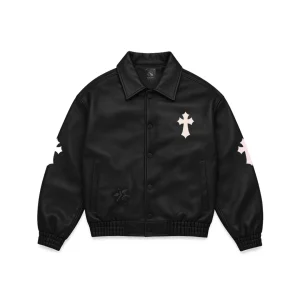 Cross Patch Leather Varsity Jacket in black - front view
