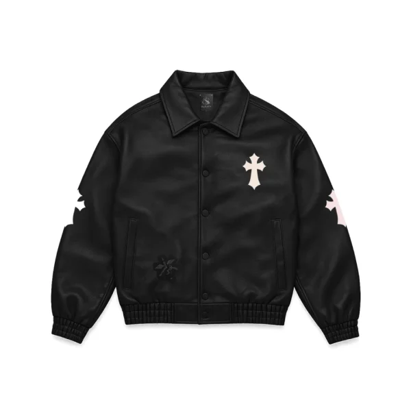 Cross Patch Leather Varsity Jacket in black - front view