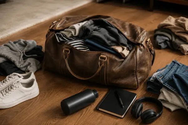 Packed leather duffel bag open with clothes, shoes, and travel essentials spilling out