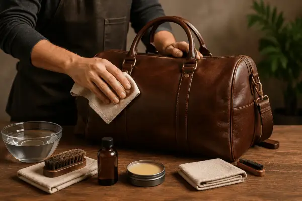 Cleaning a stain on a leather duffel bag with brush and cleaning solution bottles