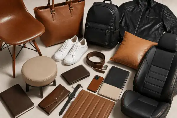 PU leather product applications including bags, footwear, jackets, upholstery, and accessories