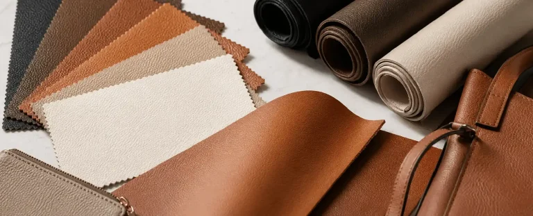 PU leather swatches, rolls, and finished handbag in a range of colors and textures
