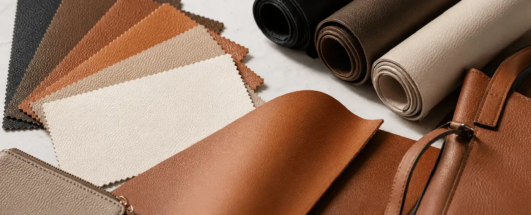 PU leather swatches, rolls, and finished handbag in a range of colors and textures